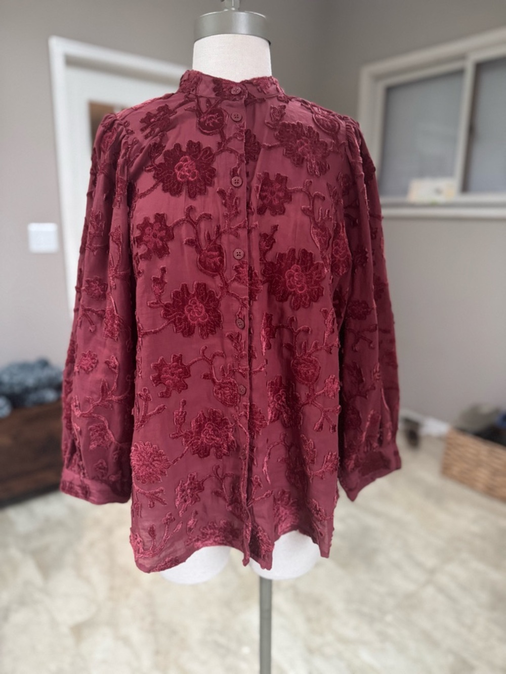 Pilcro Burgundy Textured Floral Button-Front Top